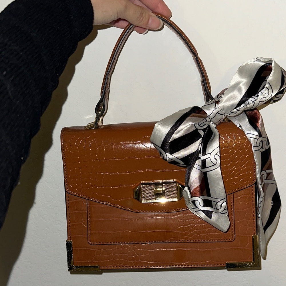 Aldo Brown Croc-Embossed Satchel with Scarf